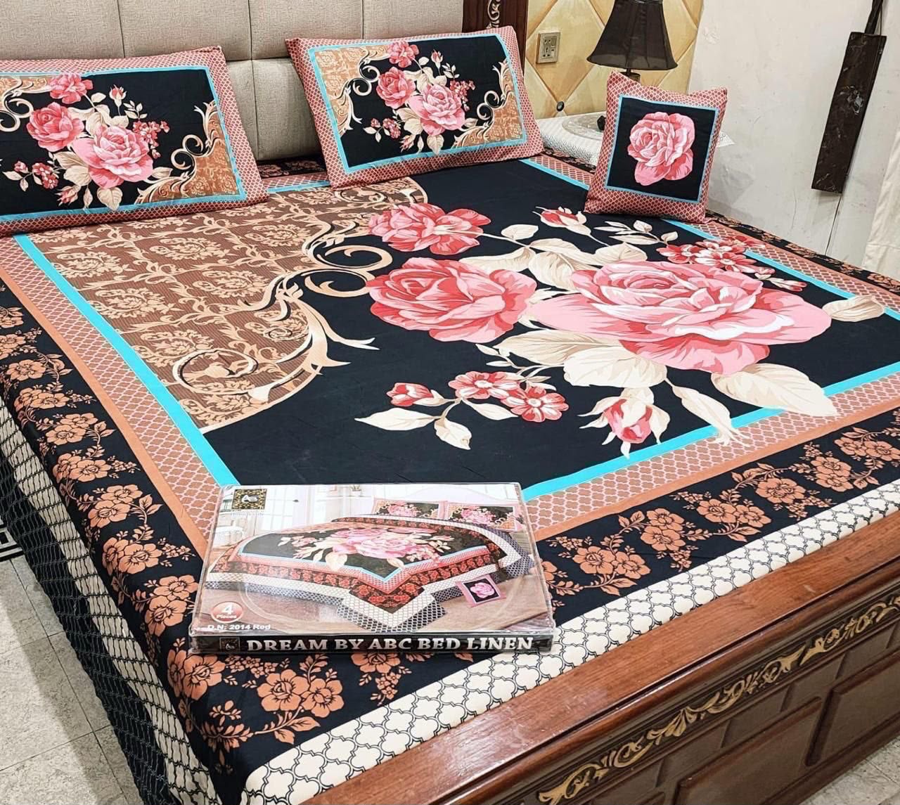 Premium Crystal Cotton Panel Print Bedsheet Set – 4 Pieces