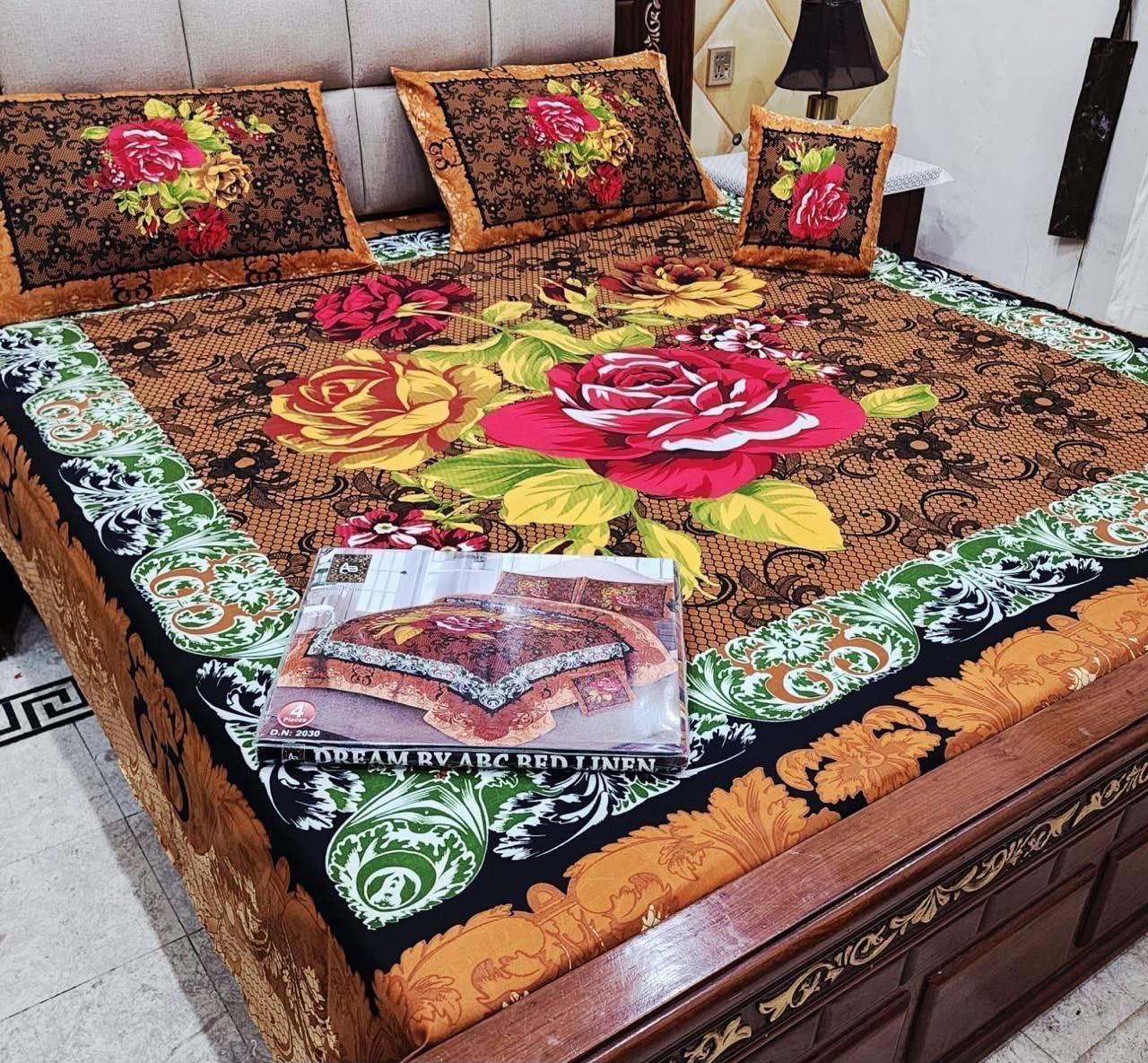 Premium Crystal Cotton Panel Print Bedsheet Set – 4 Pieces