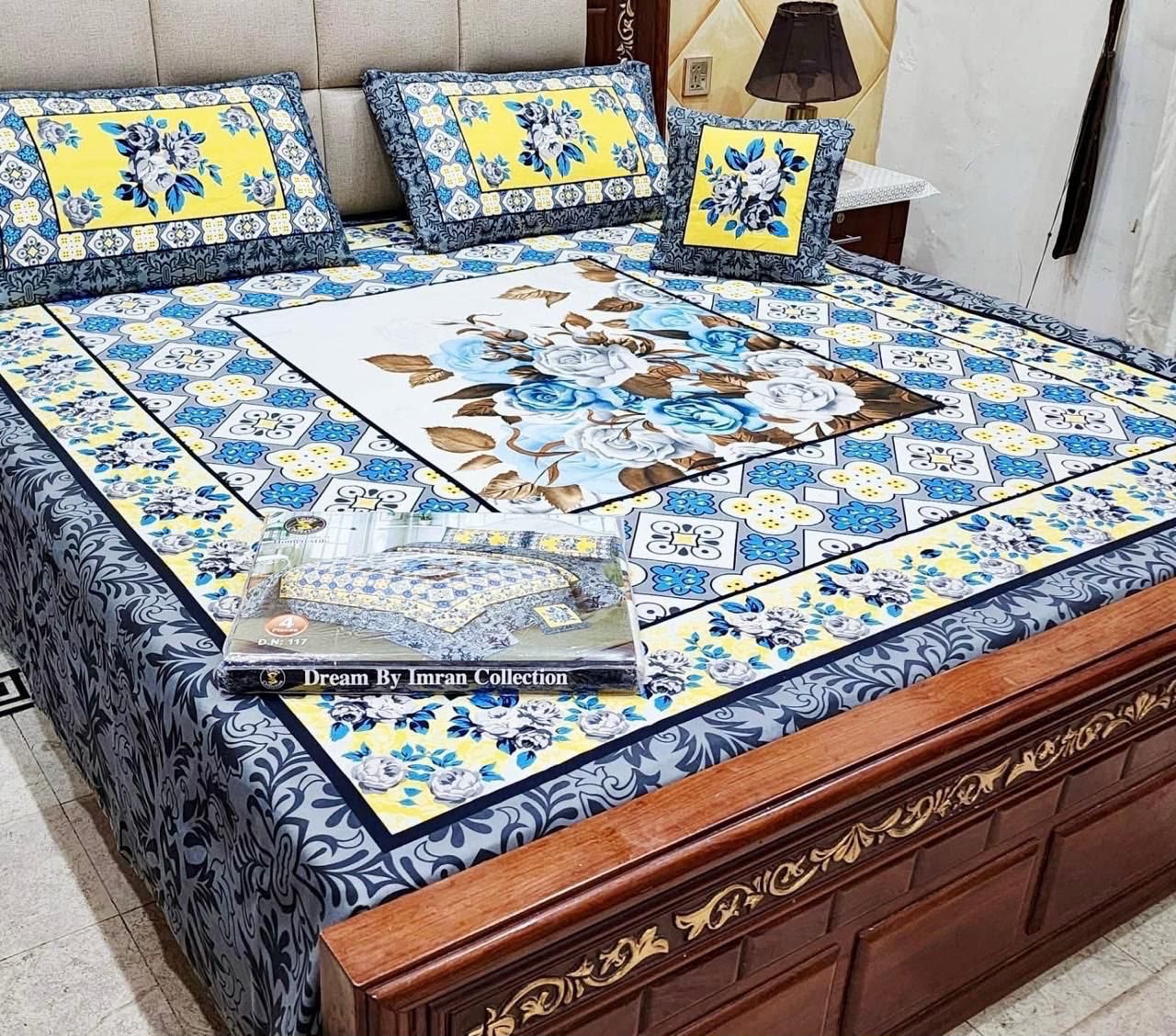 Premium Crystal Cotton Panel Print Bedsheet Set – 4 Pieces